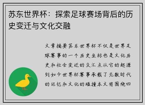 苏东世界杯：探索足球赛场背后的历史变迁与文化交融
