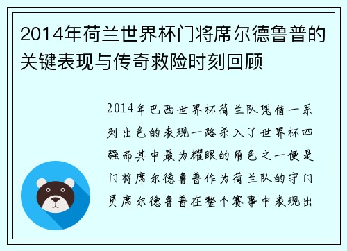 2014年荷兰世界杯门将席尔德鲁普的关键表现与传奇救险时刻回顾