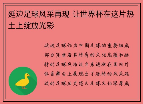延边足球风采再现 让世界杯在这片热土上绽放光彩